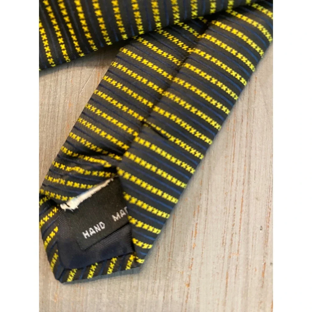Giacomo Valenti Navy Blue Yellow Striped Silk Handmade Necktie Mens Tie